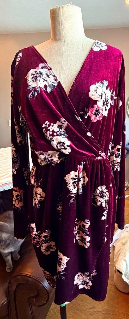 Style & Co Womens XL Burgundy Velvet Floral Wrap Dress Long Sleeve Holiday Midi